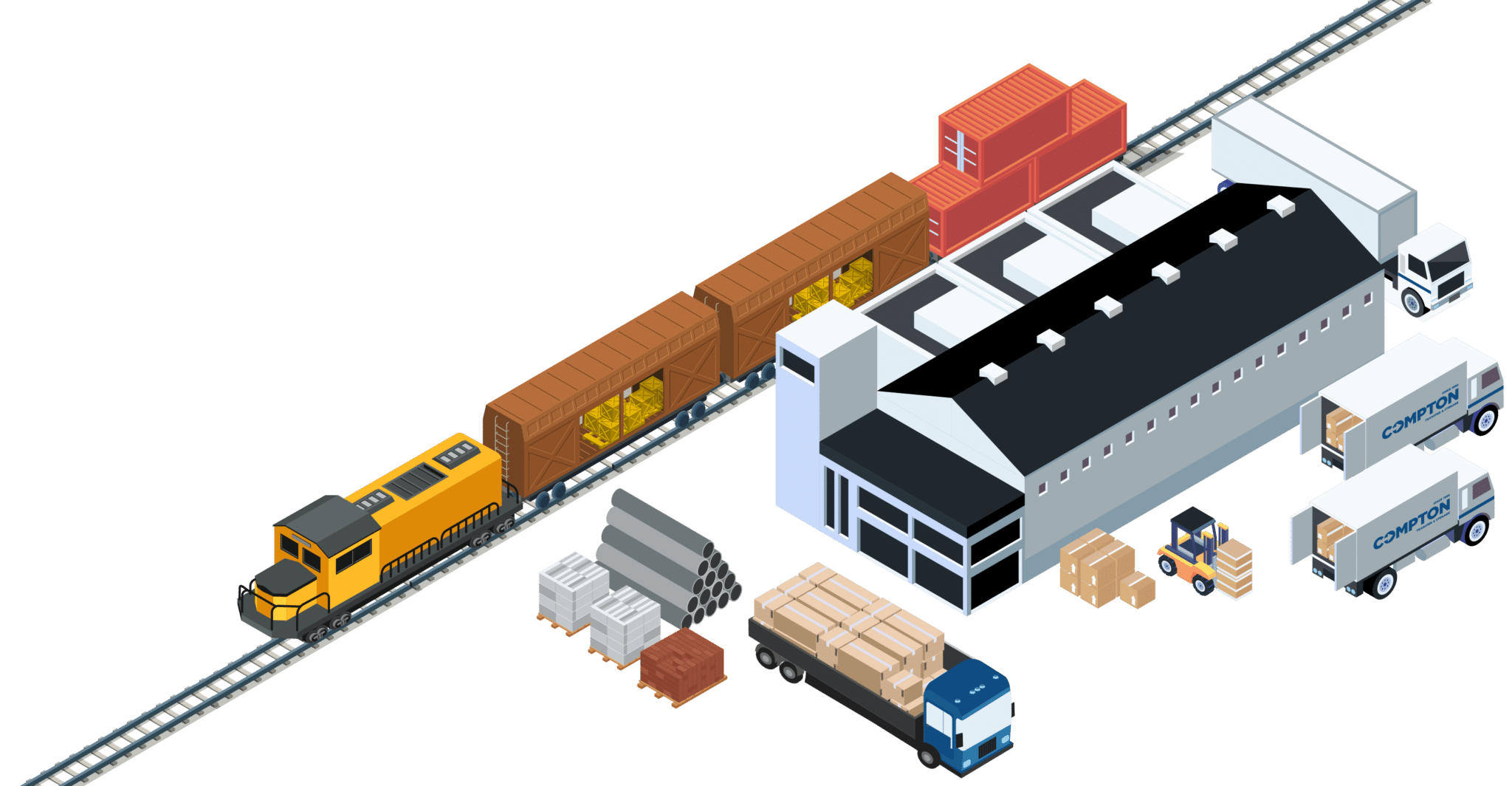 compton graphic warehouse facility trucks train isometric